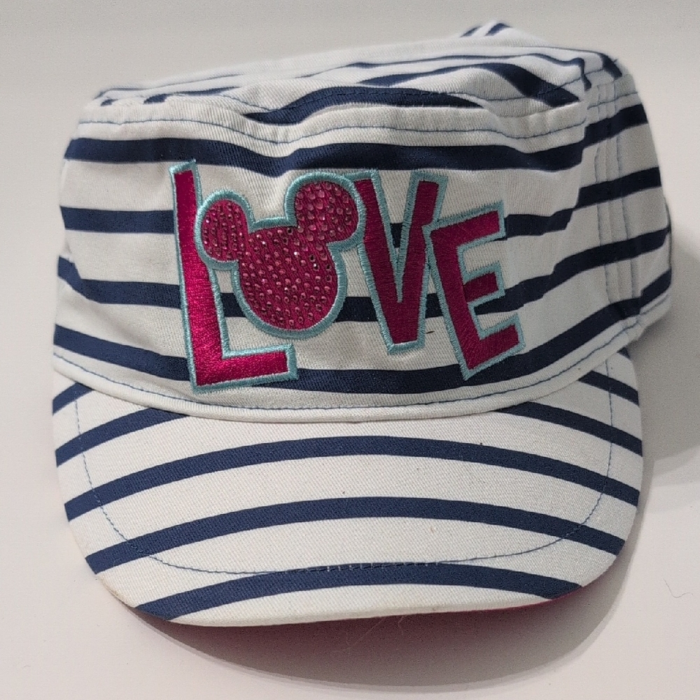 Blue and White Striped Minnie Love Hat with Pink Love Design